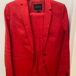 Red linen suit